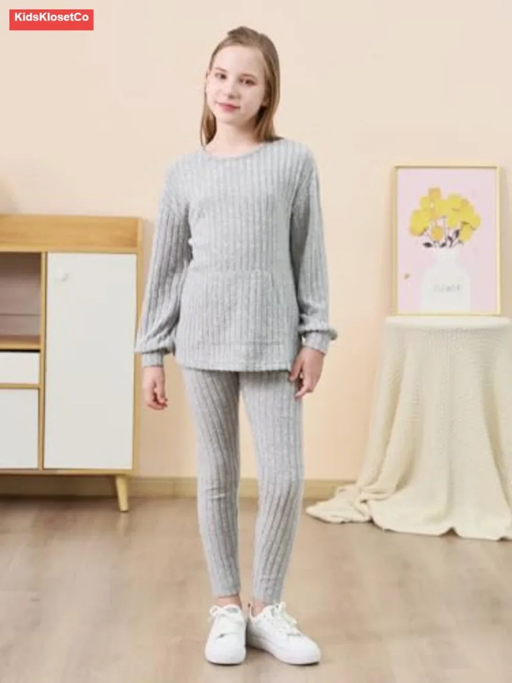 Girls 2 Piece Ribbed Knit Sweatshirt Leggings Set 6-14Y